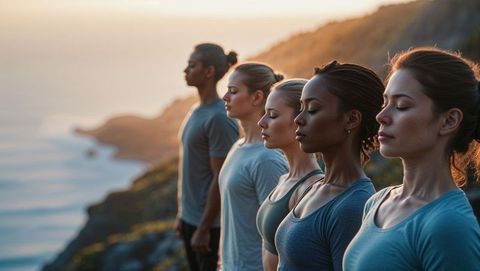 Group meditating at coastal sunset in sportswear for mindfulness