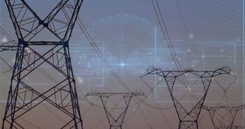 High-Voltage Power Transmission Towers at Twilight with Futuristic Digital HUD Overlay