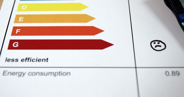 Close-up view of an appliance energy rating label showing different efficiency levels through colored arrow indicators and a sad face symbol, indicating low efficiency. Useful for illustrating concepts related to environmental awareness, energy consumption, education on energy efficiency, or to compare the efficiency of different appliances.