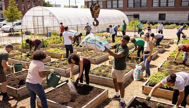 Community volunteers tending raised garden beds in urban farm while crane lifting soil
