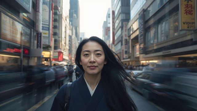 Asian woman standing bustling city street wearing dark coat carrying bag with motion blur