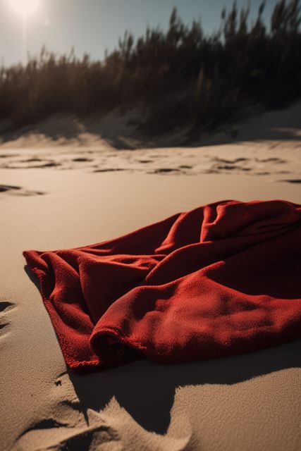 Red towel on beach with dunes and blue sky, created using generative ai technology. Seaside landscape, vacation, leisure, summer and nature concept digitally generated image.