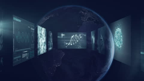 Digital Network of Screens Surrounding Spinning Earth