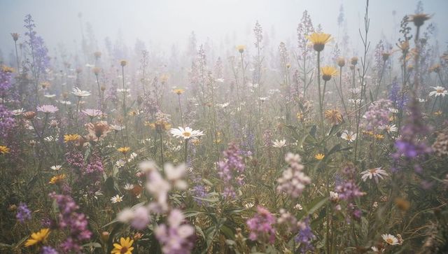 Ethereal Meadow with Colorful Wildflowers in Mist