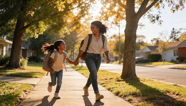 Mother and daughter walking hand in hand on tree-lined suburban sidewalk at golden hour