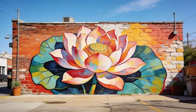 Vibrant lotus mural brightening urban brick wall in sunny parking lot with potted plants