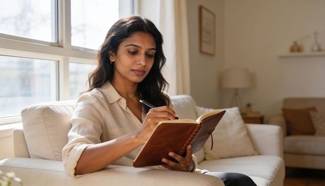 Serene woman journaling in leather notebook on sofa by window natural light home lifestyle