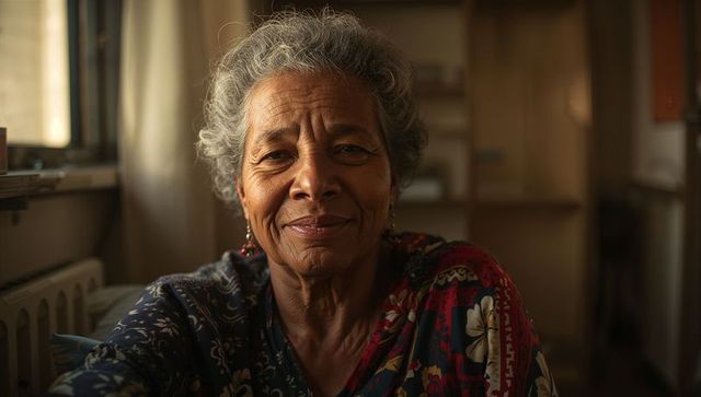 Serene senior woman with silver hair smiling by sunlit window in warm home interior