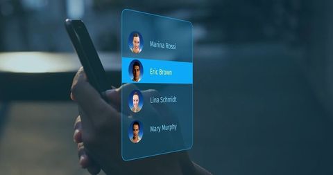 Woman Holding Smartphone Swiping Holographic Contact Interface with Avatars