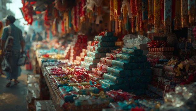 Festive marketplace with colorful gift boxes and banners