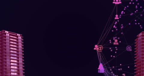Pink Digital Network Connections Over 3D Cityscape