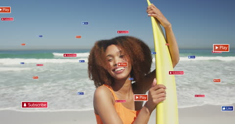 Joyful Woman at Beach Surrounded by Social Media Icons
