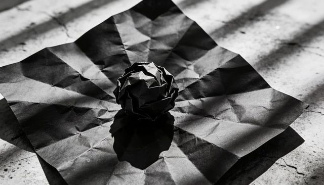 Crumpled black paper ball on folded sheet casting dramatic high-contrast shadow bands art