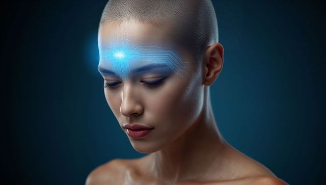 Futuristic Asian woman showing glowing forehead circuit and neural interface closeup