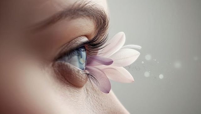 Surreal macro closeup eye with pink petals merging into lashes ethereal beauty concept