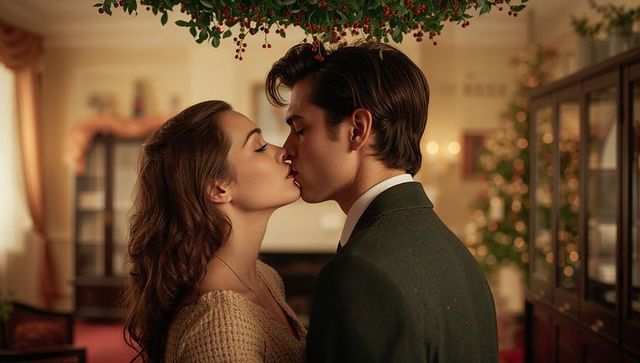 Couple sharing romantic kiss under festive mistletoe