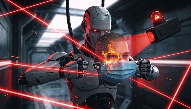 Humanoid robot holding human head with surgical mask amid red laser surveillance grid