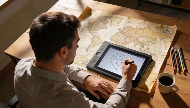 Designer sketching geometric isometric shape on pen display tablet over vintage world map