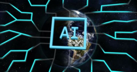 Ai interface converging over earth with digital network