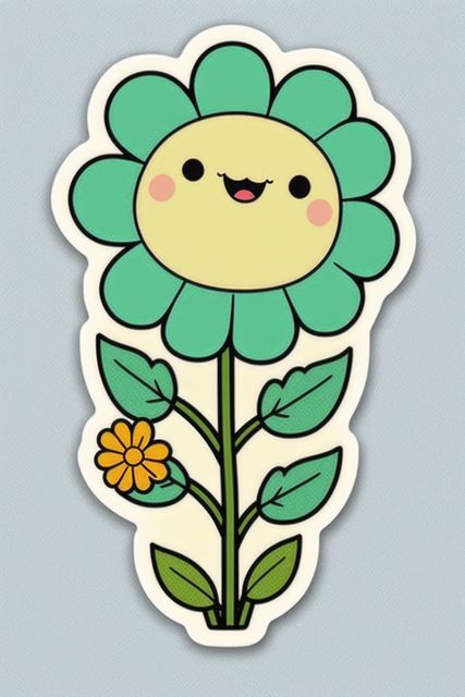 Composition of green kawaii cartoon flower sticker on grey background. Stickers and pattern concept digitally generated image.