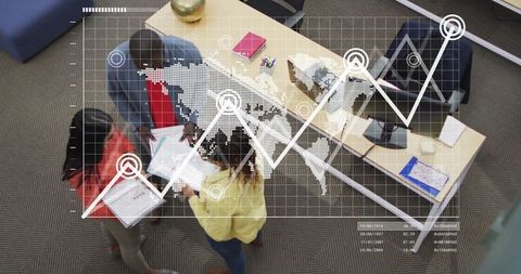 Business Team Discussing Data Insights with Innovative Overlay