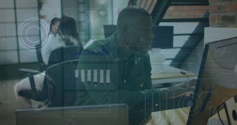 Businessman Processing Data on Computer with Digital Interface Overlay - Download Free Stock Images Pikwizard.com