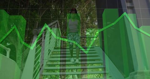 Woman in Activewear Descending Stairs with Overlaying Financial Chart