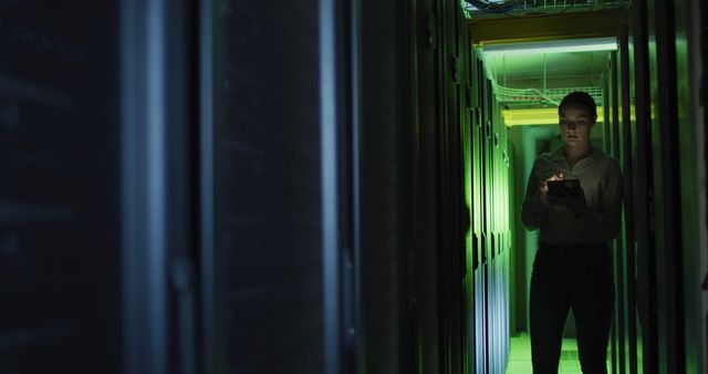 IT professional checking server room with green lighting. Useful for illustrating concepts of information technology, data security, technical operations, and modern server management. Ideal for use in articles, presentations, and marketing materials related to technology services, cybersecurity, and IT infrastructure.