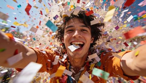 Young man taking confetti selfie while celebrating at vibrant outdoor parade festival