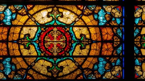 Intricate Stained Glass Cross in Animated Church Sequence