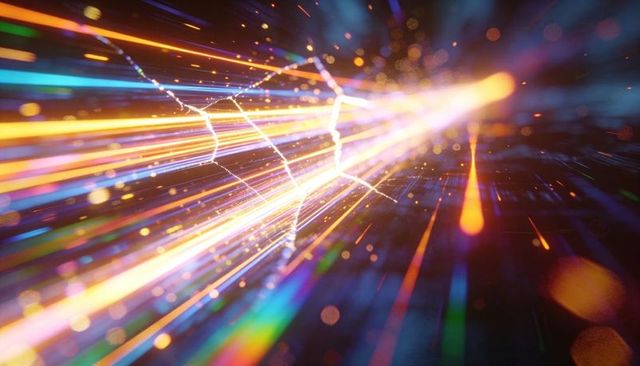 Streaming neon data trails racing through cyber tunnel with electric flare and fiber grid