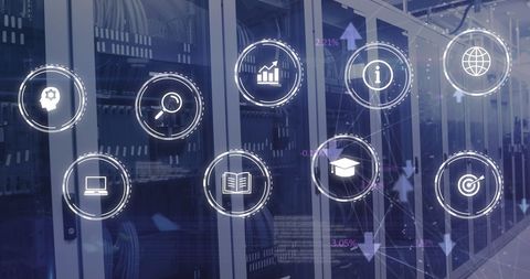 Business and Education Icons Overlaid on Data Servers - Download Free Stock Images Pikwizard.com
