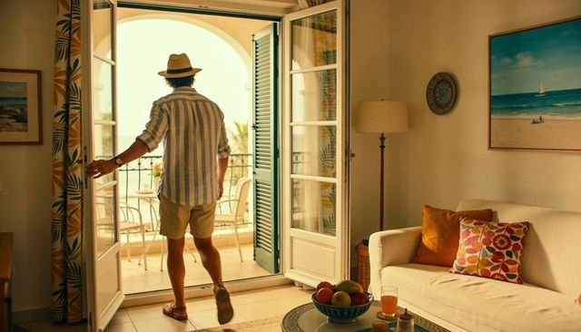 Man opening balcony doors in coastal suite, stepping onto sunlit terrace with ocean view
