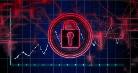 Neon padlock cybersecurity dashboard with pulsing rings and data waveform on grid