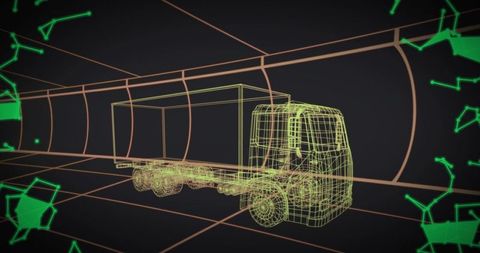 Neon wireframe box truck in futuristic tunnel showing 3d mesh, geometry & depth blueprint