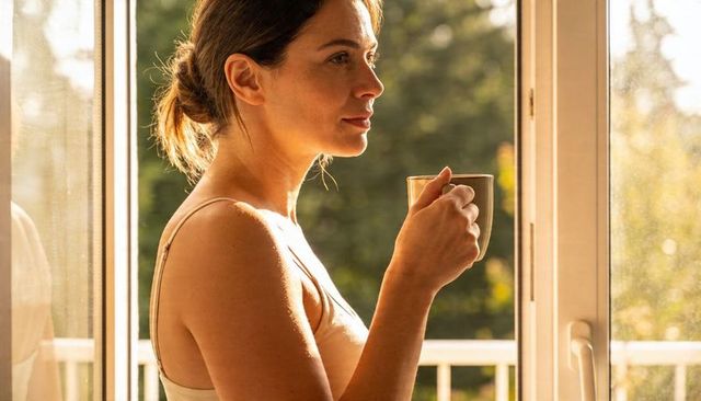Woman holding ceramic mug by sunlit sliding door gazing calmly at green balcony view