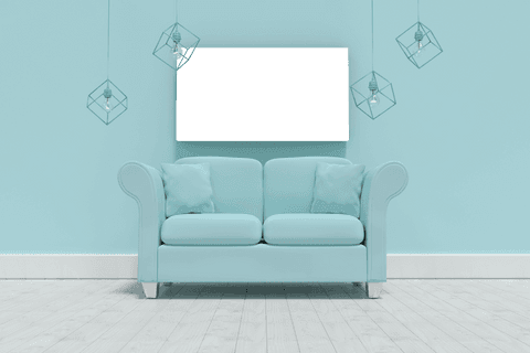 Transparent 3d blue sofa with modern cage lamps