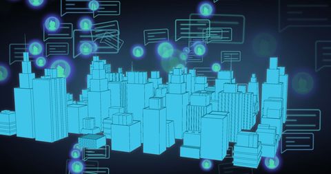 futuristic digital city with social media icons - Download Free Stock Images Pikwizard.com