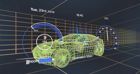 Futuristic Wireframe Sports Car with Eco Dashboard Elements