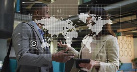 Professionals Discussing Global Strategy Using Augmented Reality Map and Tablet
