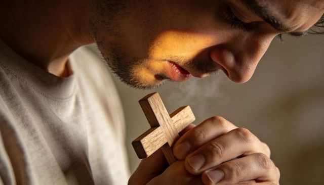 Young man praying holding wooden cross closeup showing contemplation and faith