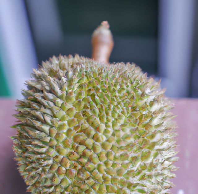 Close-up view of durian fruit's spiky skin showcases its unique and thorny texture. High-quality image suitable for use in blogs, articles, or advertisements focusing on exotic fruits, tropical foods, or culinary topics. Perfect for educational materials about unique fruits or stock photo collections highlighting diverse textures in nature.