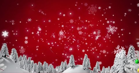 Festive Snowfall Over Wintry Landscape on Red Background
