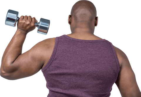 Man Exercising with Dumbbell Wearing Purple Tank Top Transparent Background