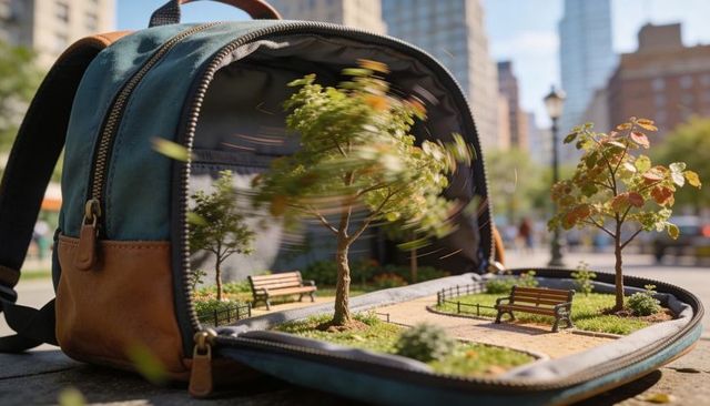 Miniature urban park revealing inside teal leather backpack with spinning tree and path
