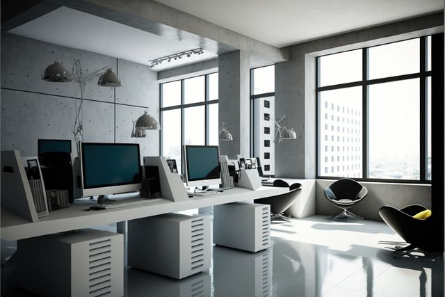 This image captures a modern office interior featuring multiple workstations with computers, large windows offering a view of the urban landscape, and sleek, minimalistic furniture. It is perfect for use in business articles, real estate presentations, workplace efficiency blogs, and advertisements for office furniture or coworking spaces.
