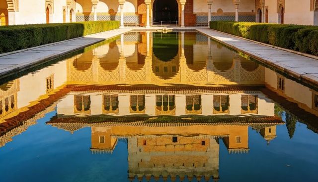 Reflecting moorish palace facade mirroring arabesque colonnade over andalusian courtyard pool