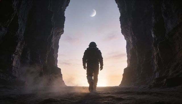 Astronaut walking toward cavern opening at twilight backlit silhouette with crescent moon