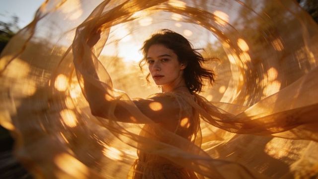 Golden veil twirl at sunset, ethereal backlit woman twirling flowing fabric, warm bokeh