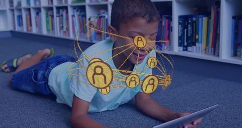 Child using tablet in library with ar network icons for edtech and digital learning